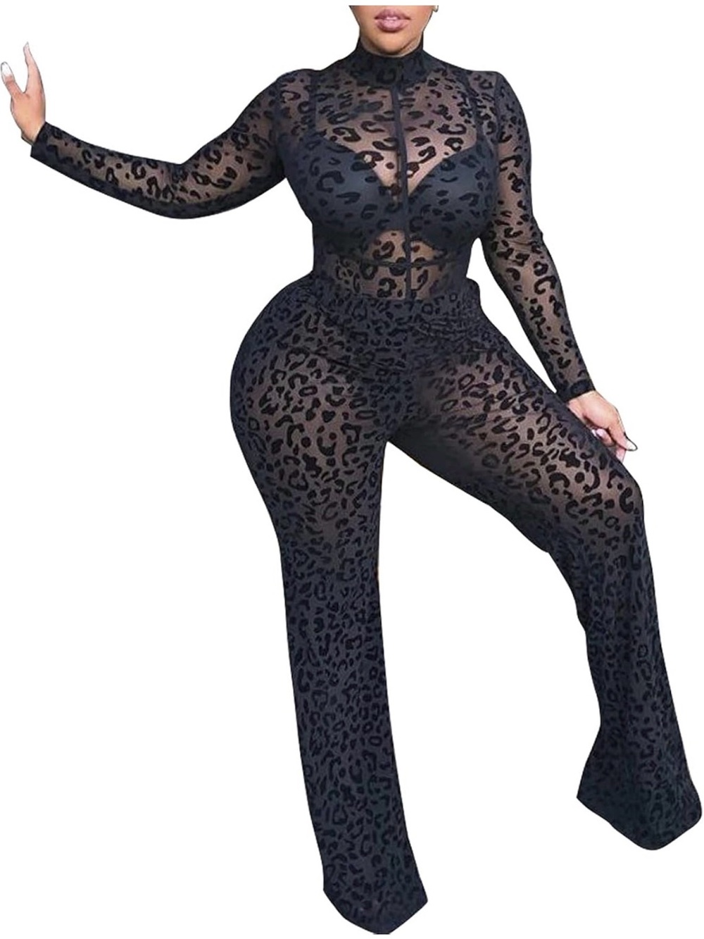 Sheer Leopard-Print Jumpsuit - Black